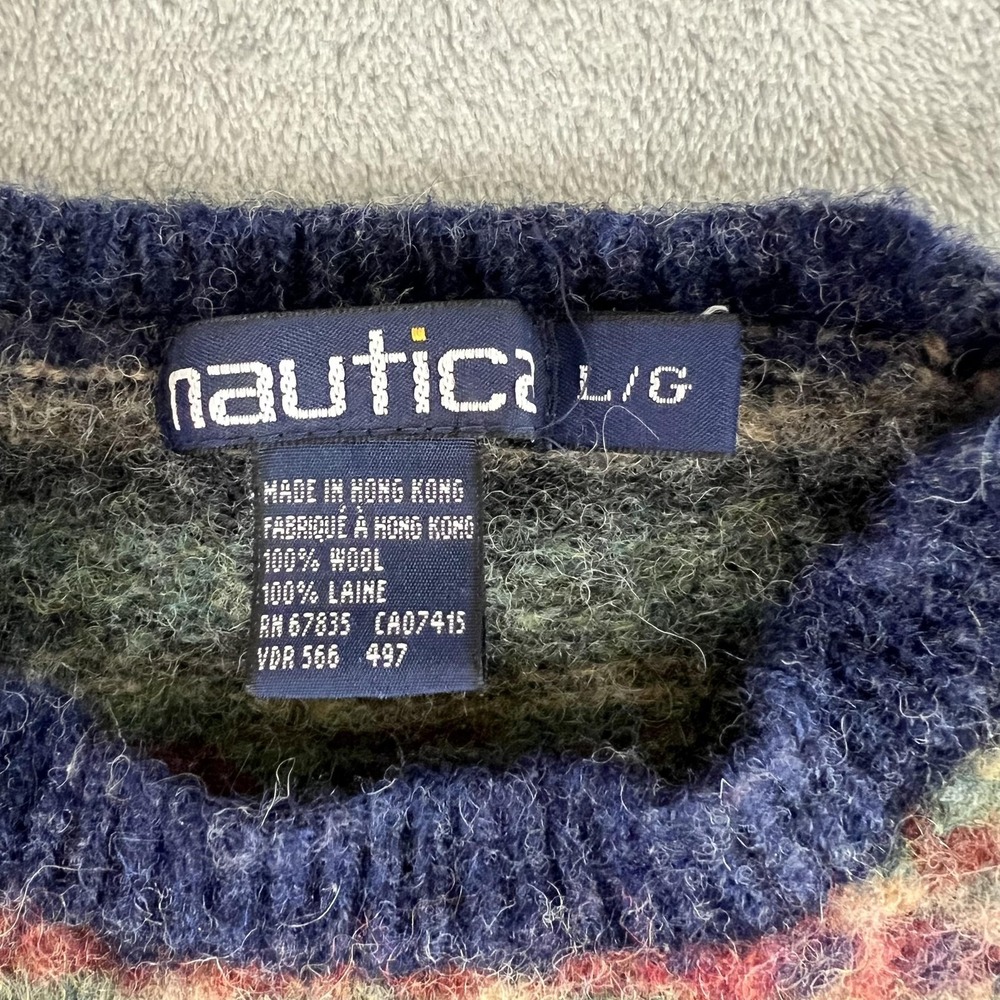 Vintage Nautica Sweater Mens Large Multicolor Wool Crewneck Knit Hong Kong 90s - Picture 3 of 8